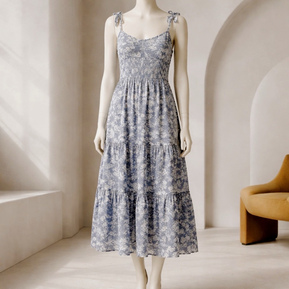 Trixxi Blue Floral Tie-Strap Smocked Midi Dress